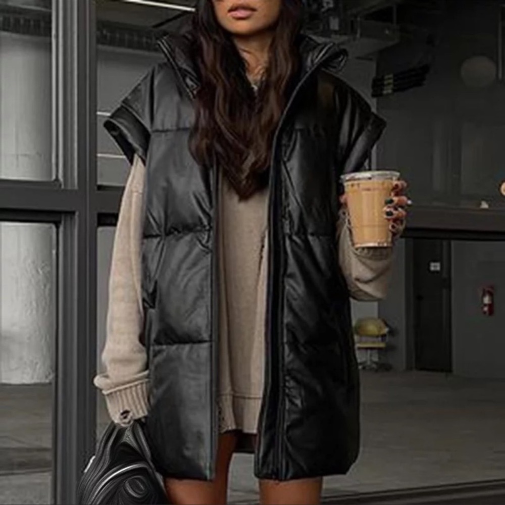 Kimberly Puffer Vest Quilted Cap Sleeve Collar Faux Leather Long Vest Restocking - Picture 2 of 11